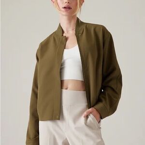 Athleta Endless Bomber Jacket Women’s size L Acacia Olive Active Minimalist Chic